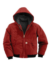 Red Carhartt hooded duck canvas jacket front view with hood up