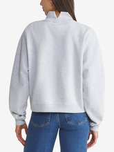 Back of heather gray Buffalo Bills women's mock neck sweatshirt with notched ribbed collar, drop shoulders and ribbed hem