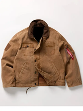Old Forester Alpha Industries brown canvas jacket front view with corduroy collar