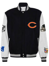 Front view of the Chicago Bears varsity jacket showing the embroidered C logo and sleeve patches