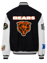Back view of the Chicago Bears varsity jacket with bear head emblem and Bears lettering