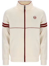 Front view of the cream track jacket with stand collar and full zip closure