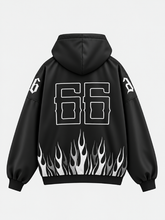 Back view of black Billy Bones Club oversized hoodie with large outlined 66 print and white flames along the hem