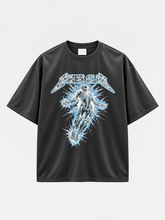 Black Billy Bones Club Cursed By Lightning oversized tee with electric blue lightning skeleton print on the front