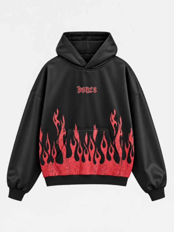 Black Billy Bones Club oversized hoodie with red flame print on the hem and kangaroo pocket and gothic Bones logo on the chest