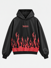 Black Billy Bones Club oversized hoodie with red flame print on the hem and kangaroo pocket and gothic Bones logo on the chest