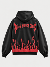 Back view of black Billy Bones Club flames hoodie with red horned gothic lettering and flames along the bottom