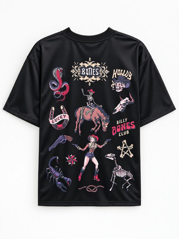 Back view of black graphic t-shirt featuring western tattoo flash art including skeleton cowgirl, snake, and horseshoe designs