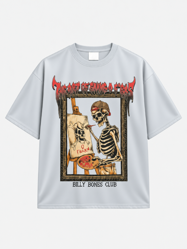 Front view of white oversized t-shirt with skeleton artist graphic and Billy Bones Club logo
