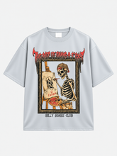 Front view of white oversized t-shirt with skeleton artist graphic and Billy Bones Club logo