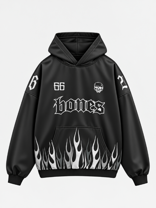 Front view of black Billy Bones Club 66 flames hoodie with gothic Bones lettering, skull logo, and white flame print on the pocket