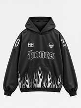Front view of black Billy Bones Club 66 flames hoodie with gothic Bones lettering, skull logo, and white flame print on the pocket