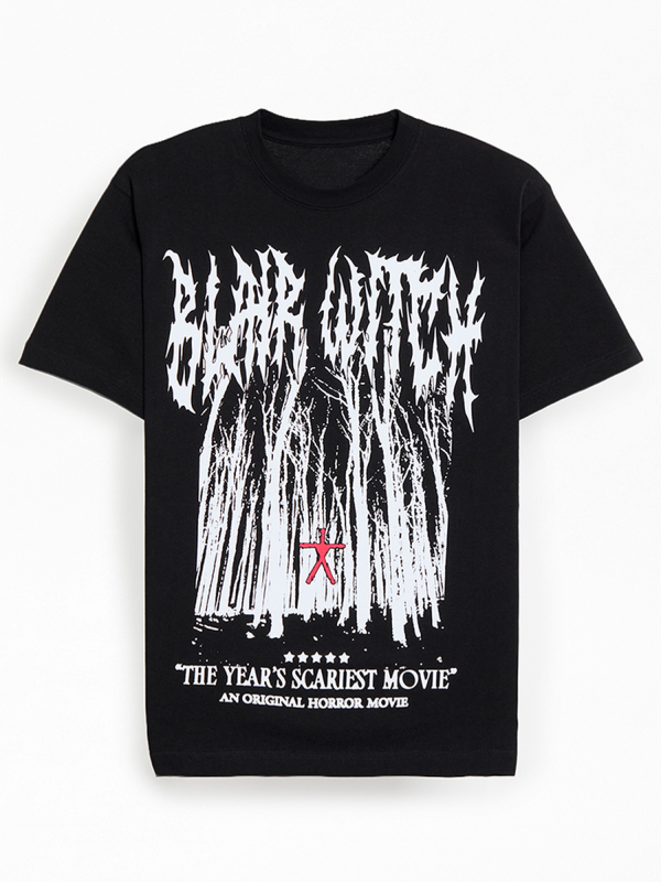 Front view of black Blair Witch horror movie t-shirt with forest graphic and red stick-figure symbol