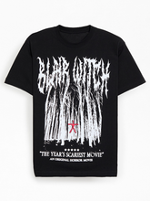 Front view of black Blair Witch horror movie t-shirt with forest graphic and red stick-figure symbol