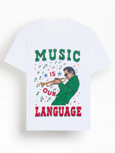 Front view of white Bueno Music Is Our Language graphic tee with green jacket trumpet player and red and green lettering