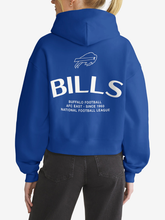 Back view of royal blue Buffalo Bills hoodie featuring buffalo logo and wordmark graphic