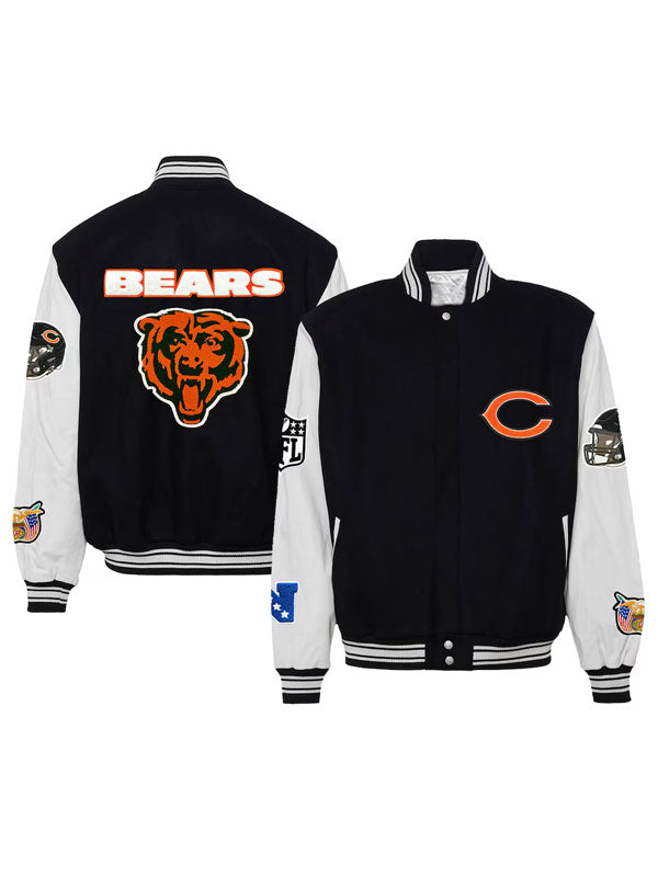 Front and back view of the Chicago Bears black wool and white leather varsity bomber jacket