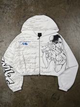 White cropped hoodie with Chun-Li illustration and scripted text print