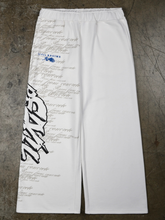 White sweatpants with graffiti-style leg print and Civil Regime logo