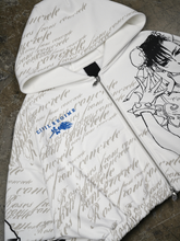 Close-up of hoodie hood and zipper with Chun-Li print and script text