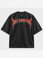 back view of black t-shirt with red dripping gothic logo lettering