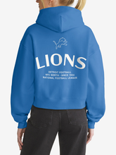 Back view of blue Detroit Lions hoodie featuring lion logo and wordmark graphic