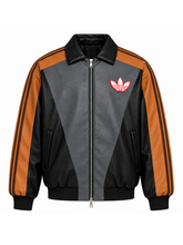 Front view of the Eevee colorway jacket showing the orange and brown sleeve stripes.