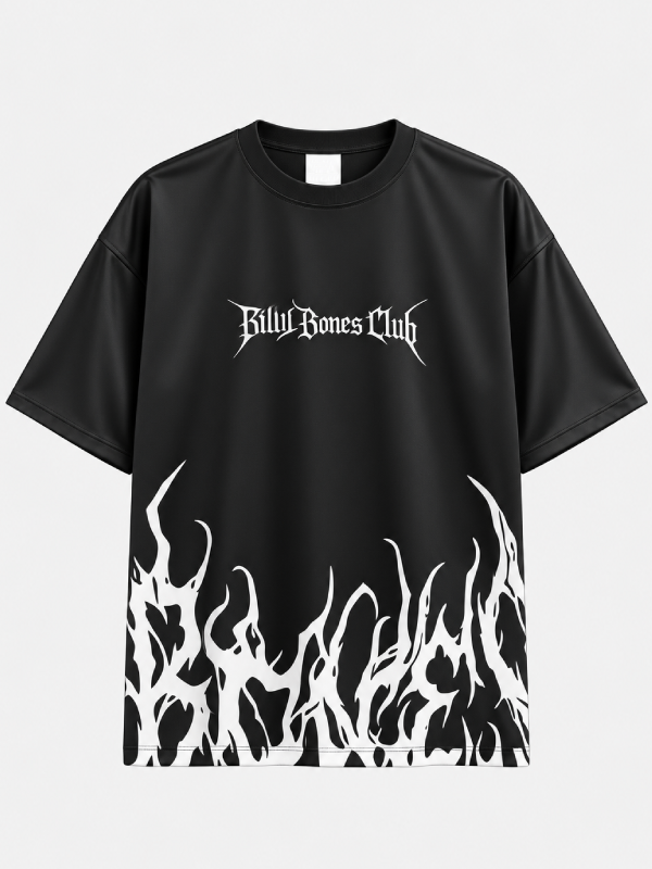 Front view of oversized black t-shirt with Billy Bones Club gothic logo and white flame graphic