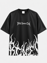 Front view of oversized black t-shirt with Billy Bones Club gothic logo and white flame graphic