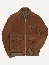 Front view of the chestnut brown suede jacket with flap pockets and zip closure