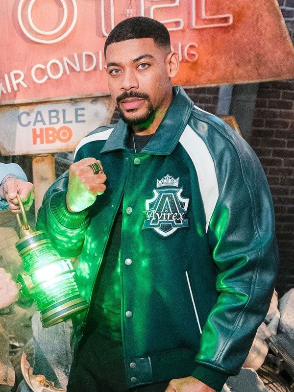 Aaron Pierre John Stewart Lanterns 2026 green varsity jacket front view