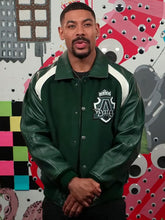 John Stewart character green leather wool jacket close-up