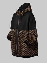 Black monogram hooded jacket with tan pattern sleeves and drawstring hem