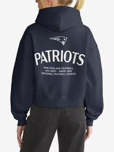 Back view of navy New England Patriots hoodie featuring tricorn logo and wordmark graphic