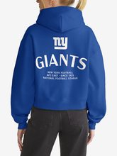 Back view of royal blue New York Giants hoodie featuring NY logo and wordmark graphic
