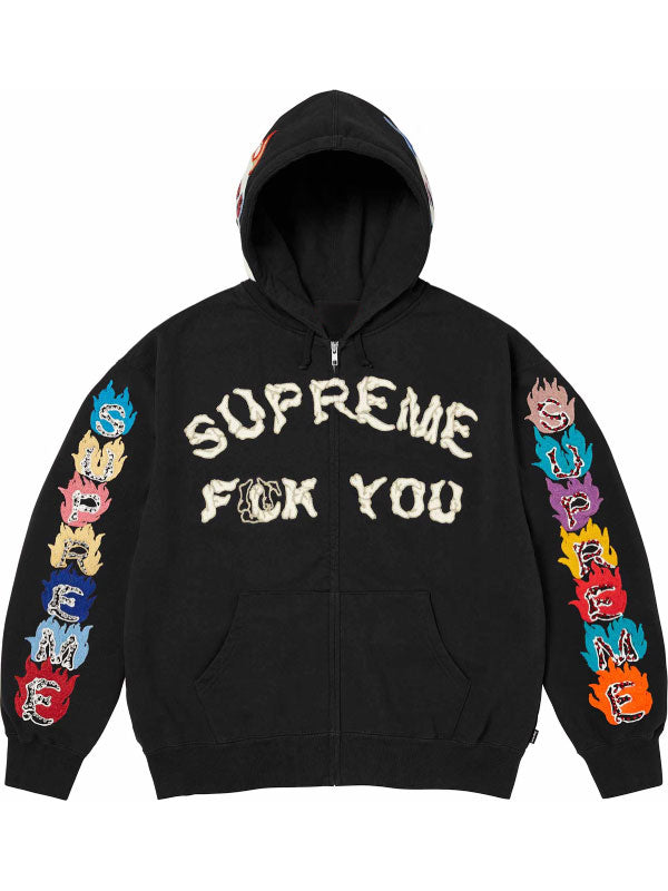 Black FW26 Supreme Fck You zip-up hoodie with bone lettering and multicolor flame sleeves