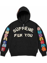 Black FW26 Supreme Fck You zip-up hoodie with bone lettering and multicolor flame sleeves