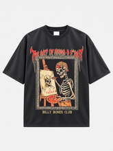 Front view of Gray oversized t-shirt with skeleton artist graphic and Billy Bones Club logo