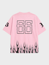Pink Billy Bones Club flame tee back view with outlined 66 and blackletter sleeve print
