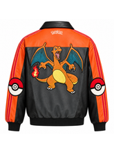 Back view of the orange Charizard leather track jacket with dragon character patch and flame detailing.