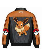 Back view of the burnt orange Eevee leather track jacket with fluffy-textured character patch.