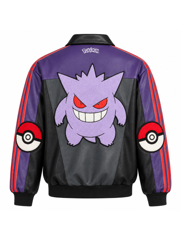 Back view of the purple and black Gengar leather track jacket with embroidered character patch and Poké Ball sleeve patches.