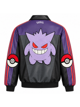 Back view of the purple and black Gengar leather track jacket with embroidered character patch and Poké Ball sleeve patches.