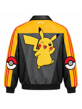 Back view of the yellow and black Pikachu leather track jacket with textured embroidered patch.