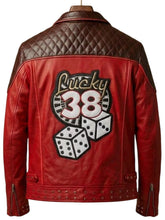 Lucky 38 red leather biker jacket with brown quilted shoulders and a large roulette and dice patch
