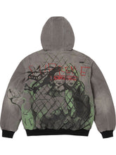 Back view of the Supreme X Rita graphic hooded jacket in grey, showing the chain-link and figure illustration.