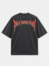 Back view of Gray oversized t-shirt featuring red gothic Billy Bones Club lettering