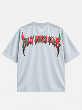 Back view of white oversized t-shirt featuring red gothic Billy Bones Club lettering