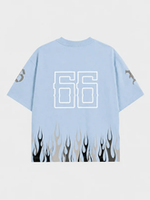 Back of sky blue Billy Bones Club Burner tee showing 66 print and black and gray flames