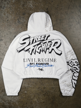 White cropped hoodie back with Street Fighter and Civil Regime logos